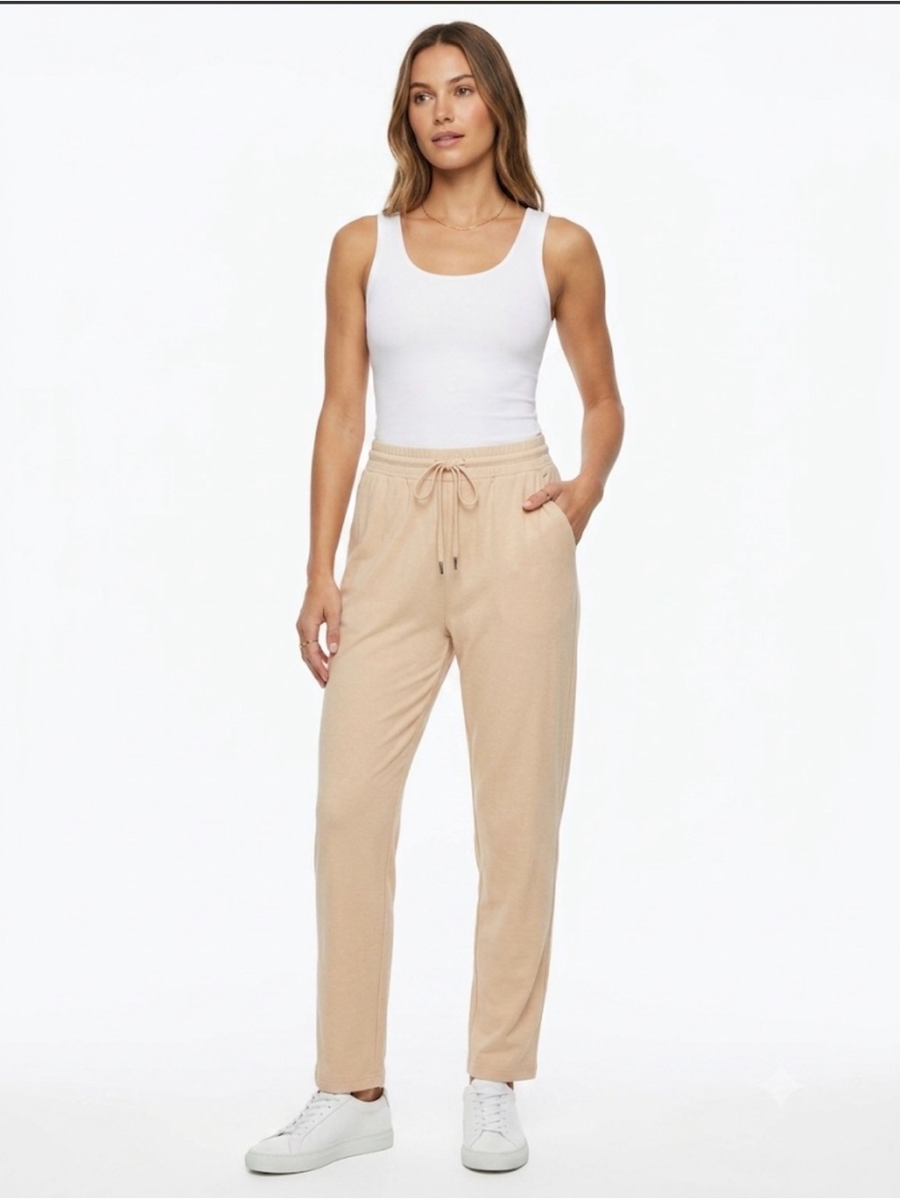 R. Sofia Beige Drawstring Knit Lounge Pants Pockets Cotton Blend Size Large